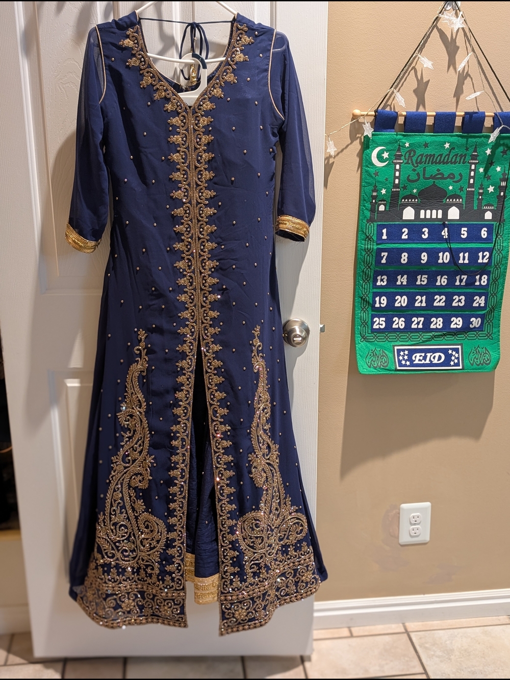 Women Blue Embroidered Party Dress with Gold Accents Xs